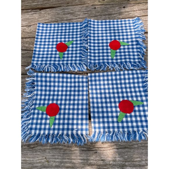 Vintage 1930s Blue Check Applique Fruit Napkins Set of 4 - Picture 1 of 10